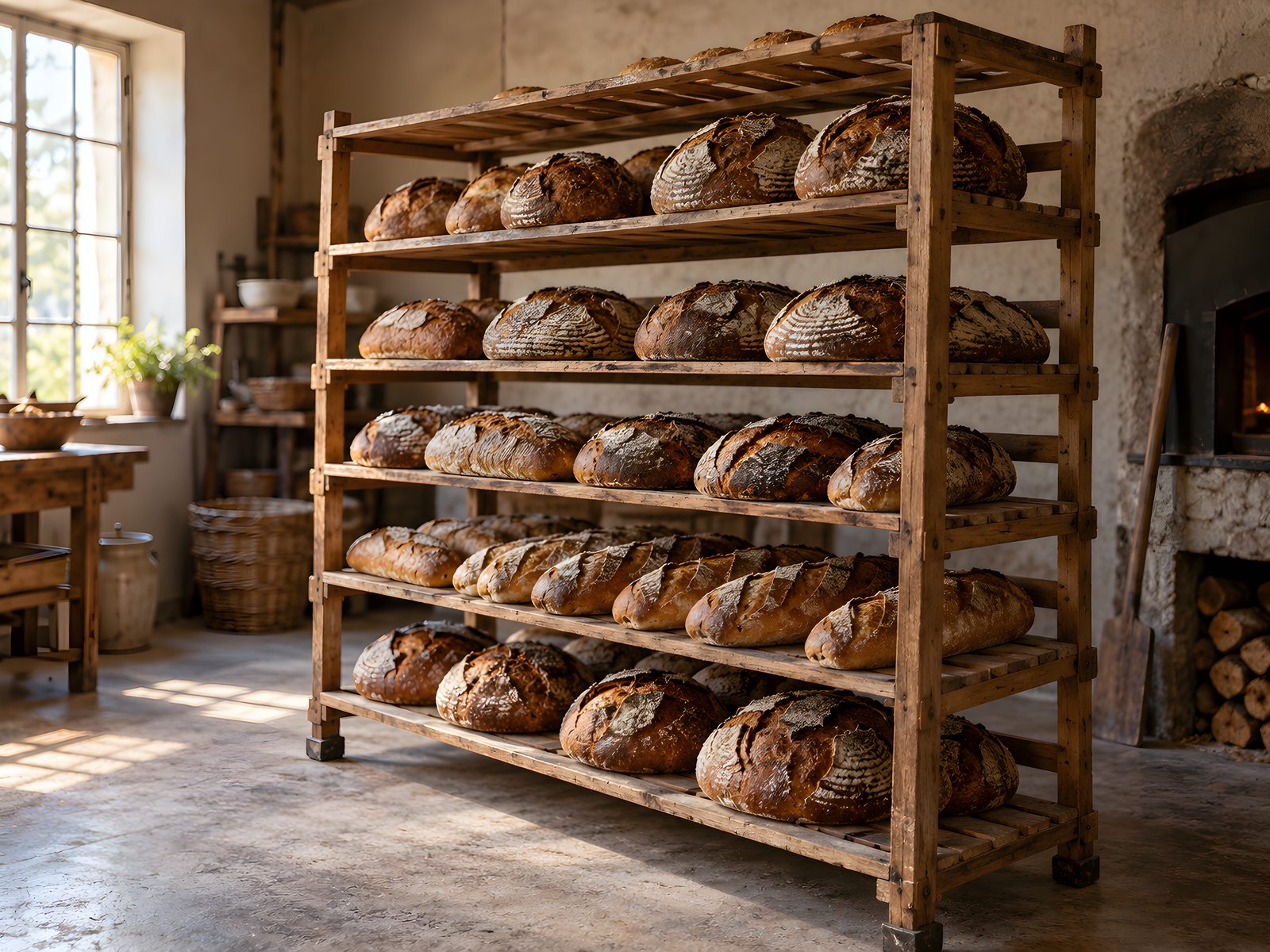 Hohes Holzregal voller frisch gebackener, dunkel gekrusteter Roggenlaibe und länglicher Brote mit Mehl auf der Kruste