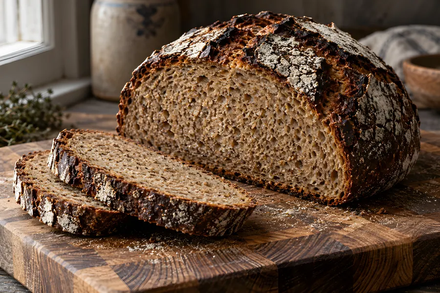Halbiertes Holzofen-Bauernbrot mit dicker, dunkler Kruste und dichter Vollkornkrume auf einem Holzbrett, davor zwei Scheiben
