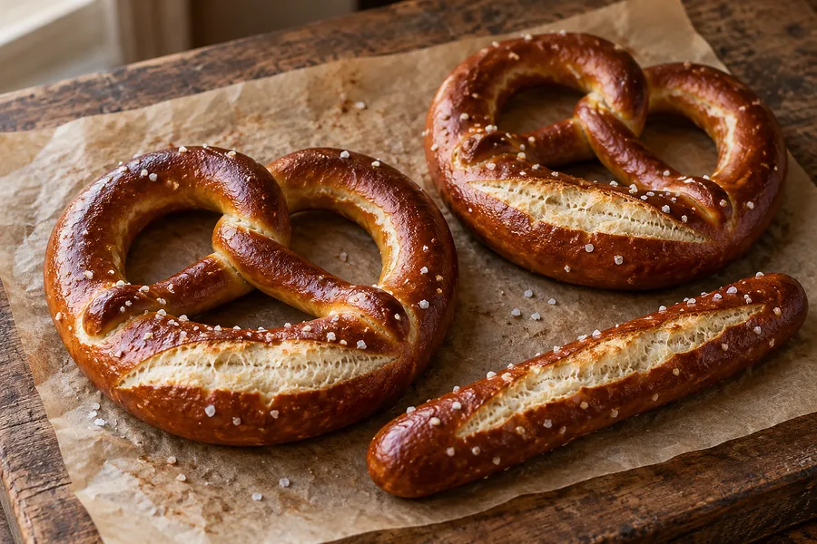Laugenbrezn mit grobem Salz und Laugenstangen auf Backpapier