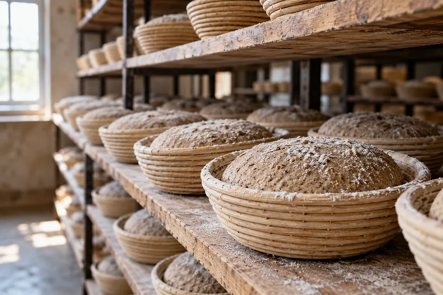 Runde Teiglinge in mehlbestäubten Gärkörben aus Peddigrohr auf langen Holzborden