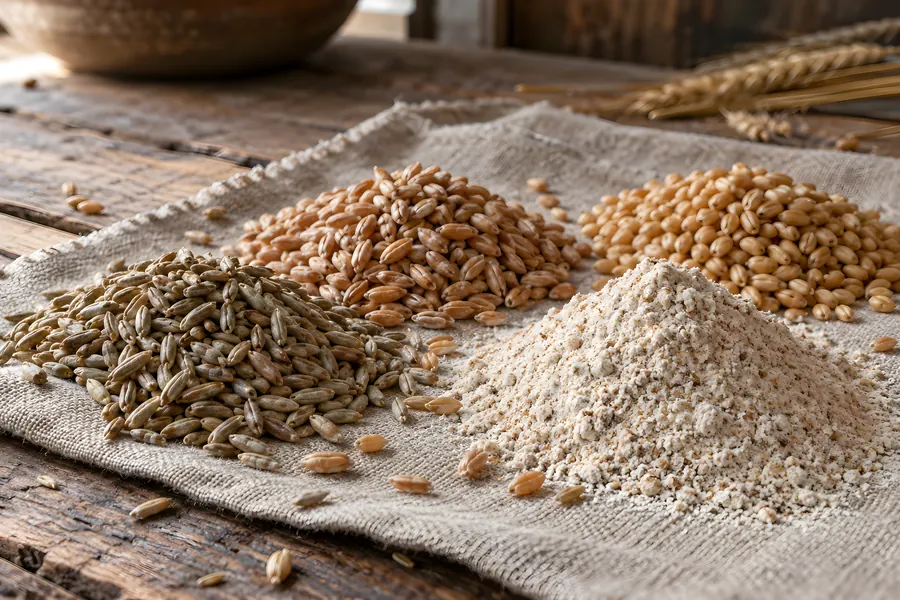Drei kleine Haufen Roggen, Dinkel und Weizen auf Leinen, daneben frisch gemahlenes Vollkornmehl auf einem alten Holztisch