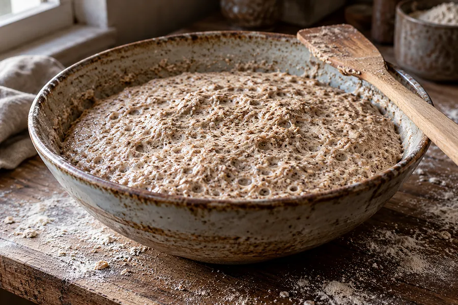 Steingutschüssel mit dickem, blasigem Roggensauerteig, ein Holzschaber liegt am Rand